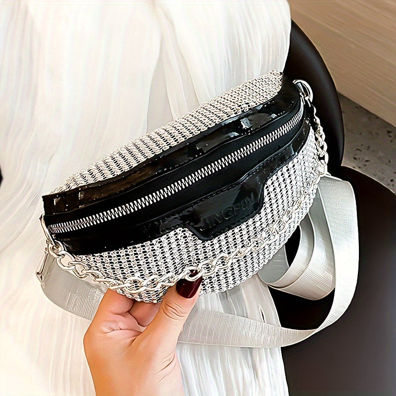 Glittering Rhinestone Fanny Pack with Chain Detail - Stylish Women’s Crossbody Waist Bag, White, Adjustable Strap, Zipper Closure, Perfect for Casual or Festive Occasions, Versatile Crossbody | Rhinestone Embellished | Adju
